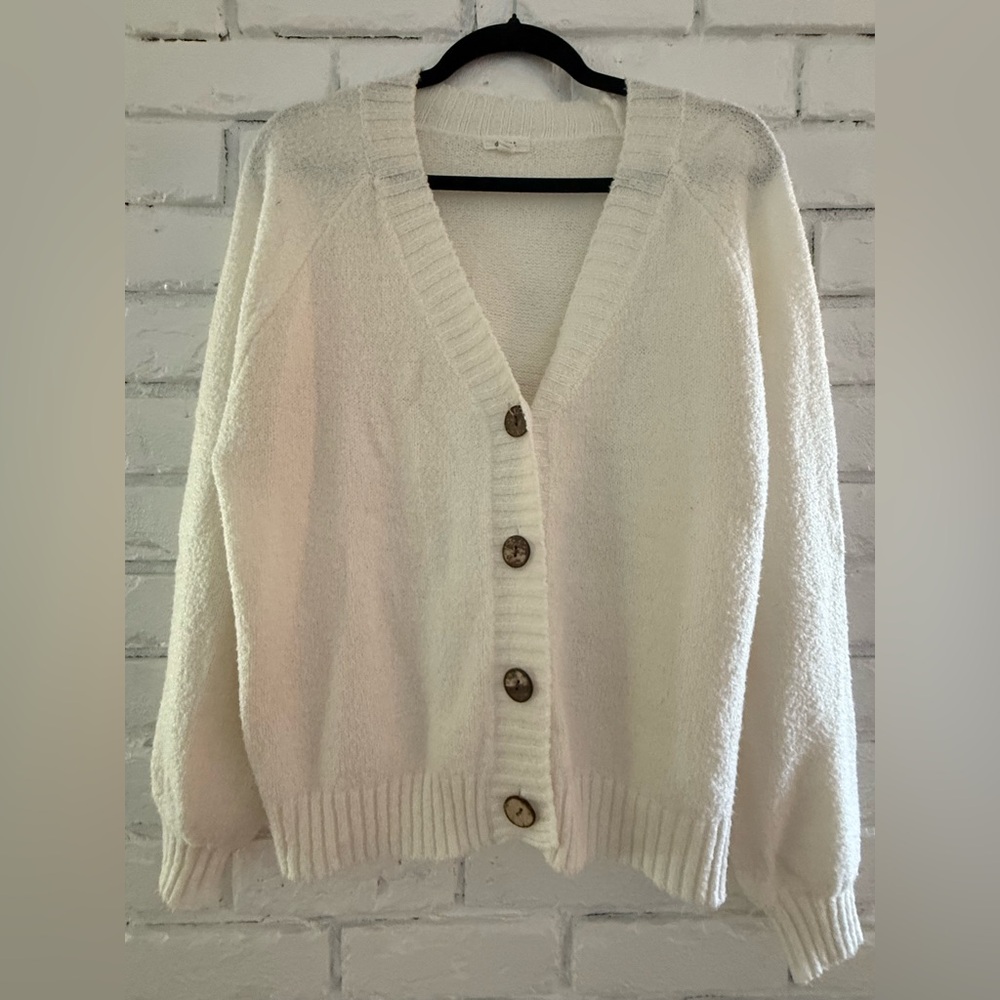Button-Front Cream Women's V-Neck Cardigan Sweater